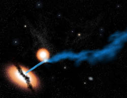 This artist's impression of 3C321 shows the main galaxy and the companion galaxy.