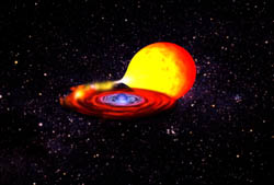 An artist illustration of a neutron star and its companion star.