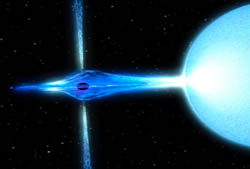 Artist Dana Berry depicts a binary system akin to Cygnus X-1. It consists of a blue supergiant star (right) and a black hole.