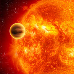 This artist's impression shows a gas-giant exoplanet transiting across the face of its star.