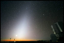 A glow called the zodiacal light can be seen in the sky before sunrise or after sunset