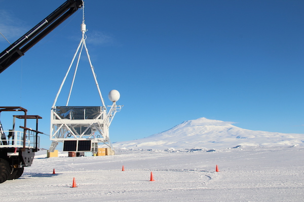The SuperTiger balloon payload undergoing a hang test in Antarctica