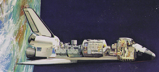 Cutaway illustration of the shuttle with a typical Space cargo.
