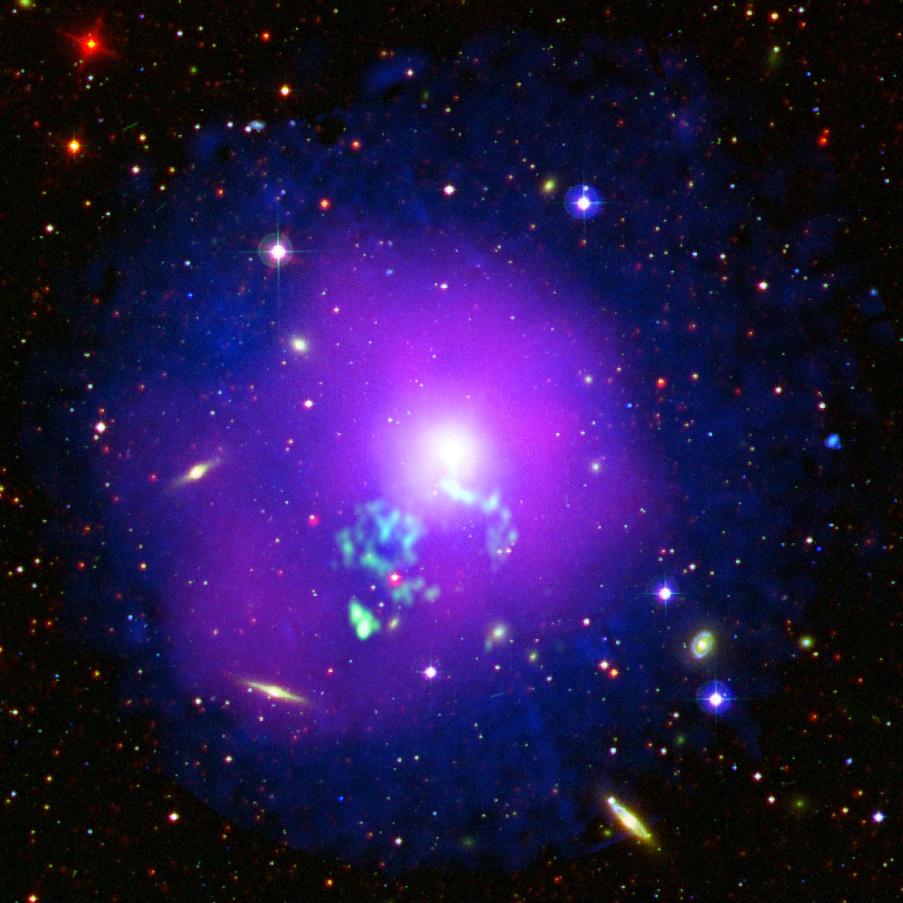 Multiwavelength view of NGC 5044 shown using a combination of WISE infrared, Digitized Sky Survey optical, Galex near-ultraviolet images.