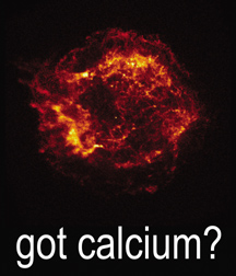 Chandra X-ray telescope image of an exploded star, with text asking 'got calcium?'