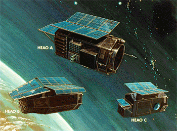An artist's impression of the three HEAO spacecraft.