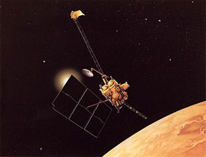 An artist's impression of the Mars Observer spacecraft in orbit around Mars.