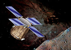 An artist's conception of the NEAR
	Shoemaker spacecraft orbiting Eros