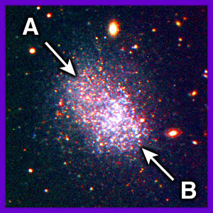 Galaxy: A is more red, B is more white