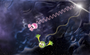 In this fun illustration, one photon (purple) carries a million times the energy of the other. Some theorists predict travel delays for higher-energy photons. However, Fermi data on two photons from a gamma-ray burst fail to show this effect.