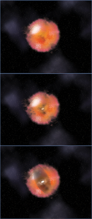 Artist's conception of a newly discovered type of AGN, one whose center is obscured by gas and dust. The two images below show cross-sections of what the inside of the AGN may look like.