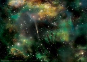 Artist's illustration of a gamma-ray burst occurring in a dusty region of intense star formation.