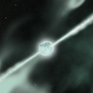 Artist's rendition of the twin beams of matter and energy that have eaten their way out of a dying star that will be seen by Earth observers as a gamma-ray burst. 