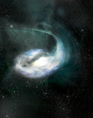 An asteroid or comet too close to a neutron star being shredded. Gamma rays would be produced as the debris hit the star, as seen in this illustration.