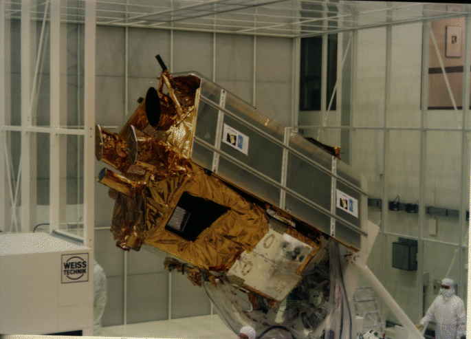 The BeppoSAX spacecraft in the cleanroom at the European Space Research and Technology Center.