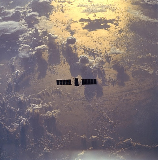 The Eureca spacecraft shortly after being released from the Space Shuttle Atlantis.