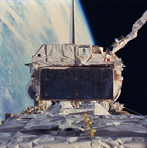 The Eureca spacecraft being retrieved by the Space Shuttle Endeavour.