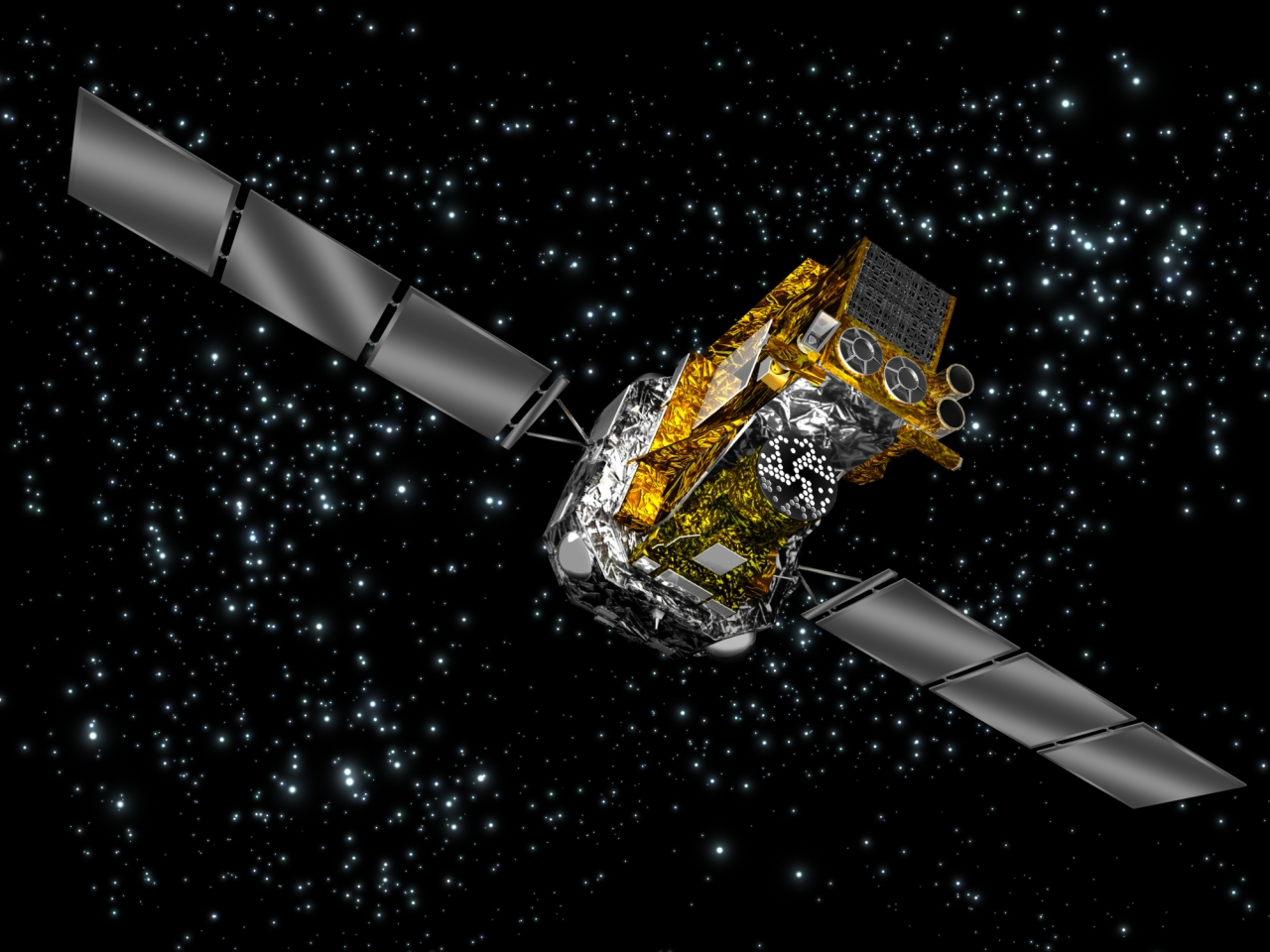 An artist's impression of the INTEGRAL spacecraft in space.