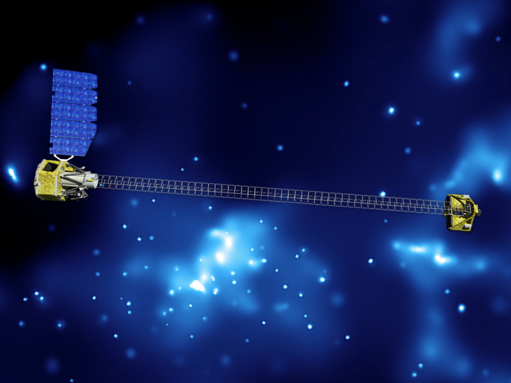 Artist's conception of NuSTAR in orbit. The background is an image of the Galactic Center from Chandra.