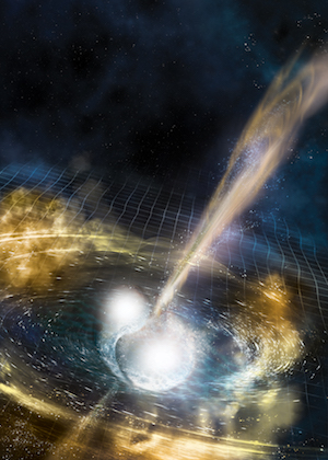 An artist's impression of merging neutron stars, one of the progenitors of gamma-ray bursts.