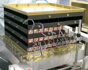 Calorimeter module shown during insertion of the crystal detectors.