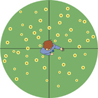 Boy in middle of circle with fireflies all around