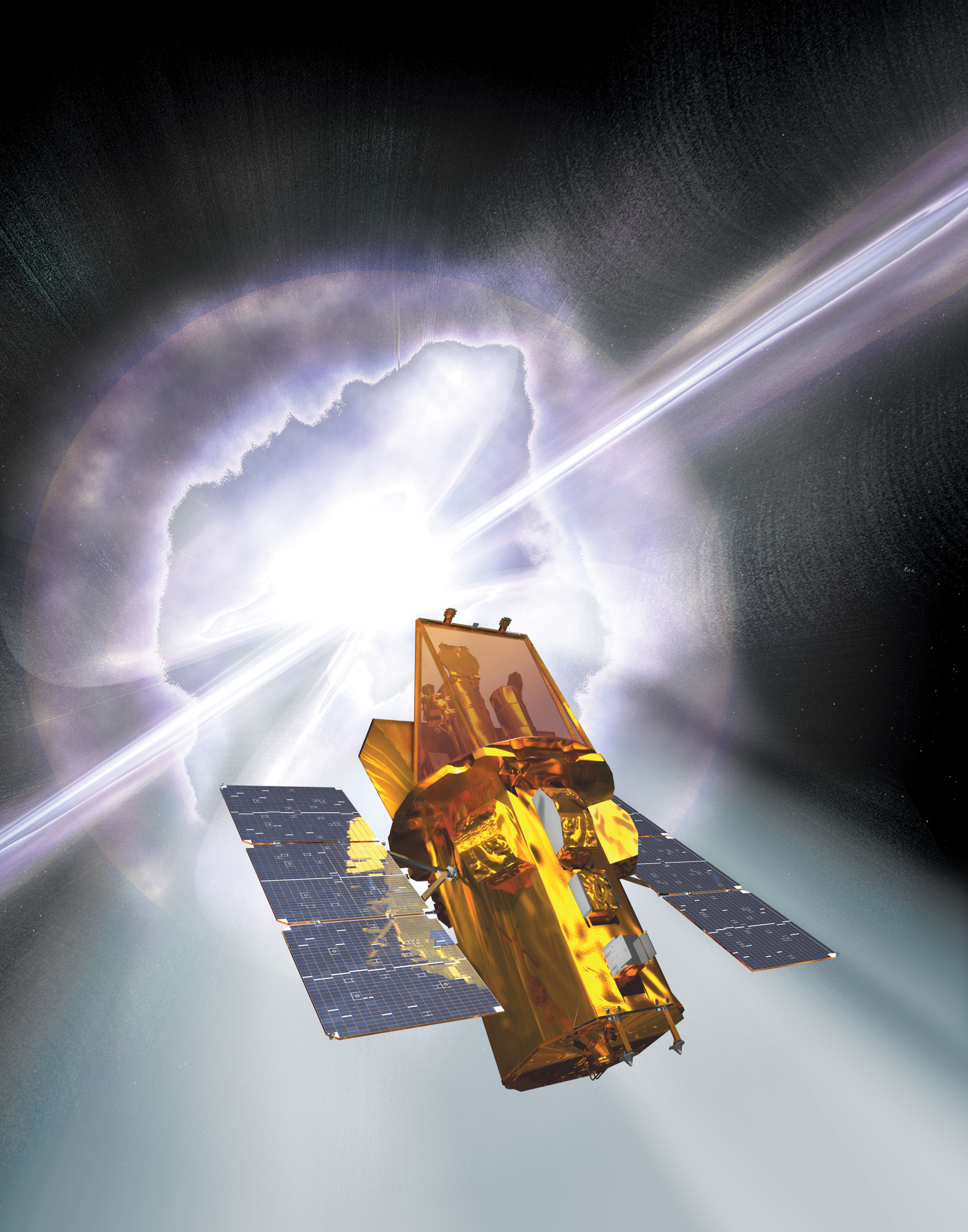 An artist's rendering of the Swift spacecraft with a gamma-ray burst going off in the background.