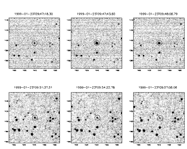 Sequence of 6 ROTSE-I images of the fading optical counterpart to GRB 990123