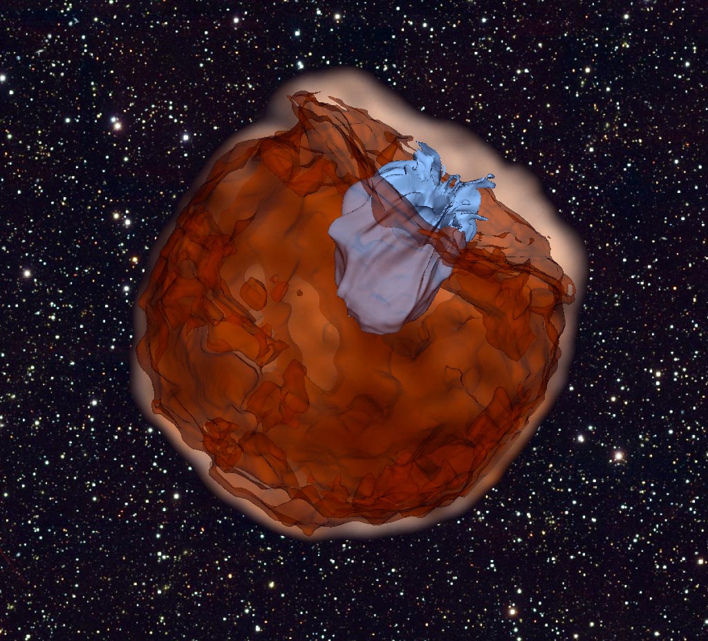 Computer simulation shows the debris of a Type Ia supernova slamming into its companion star at tens of millions of miles per hour.