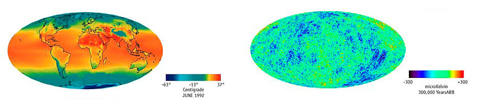 Comparison of a temperature map of the Earth and the universe