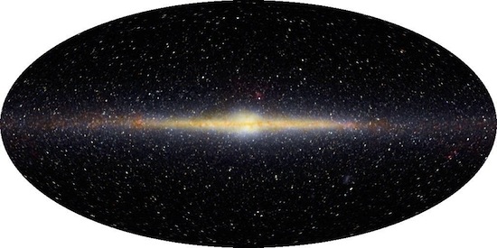 Full-sky image showing the plane of the Milky Way galaxy as imaged by the DIRBE instrument on COBE
