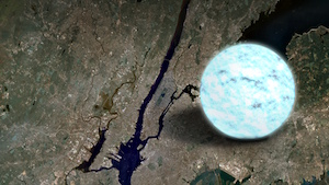 Diagram showing the size of a neutron star next to Manhattan