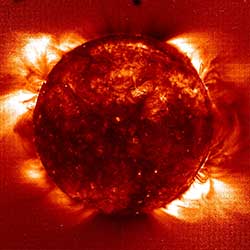 Image of the Sun by SOHO's Extreme ultraviolet Imaging Telescope showing the solar corona.